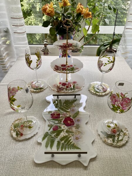 Set- «Sommer-Genus»  Tablett, Etagere, 4 Coasters